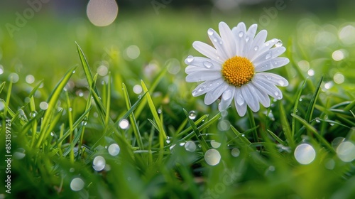 White Flower With Yellow Center in Grass