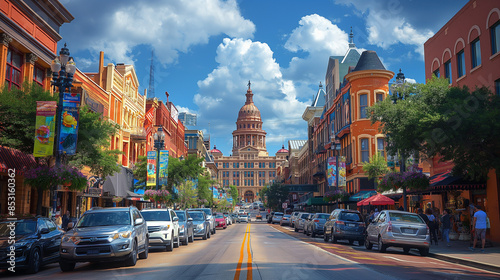 Interesting building in the center of Texas, on a busy street. Blue sky, sunny day