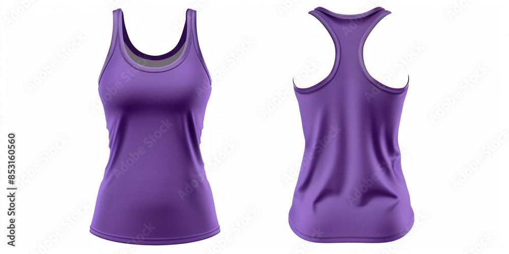 A purple tank top displayed from the front and back on a white background. The sleeveless design and vibrant color highlight the sporty and casual style of the garment A purple tank top displayed from the front and back on a white background. The sleeveless design and vibrant color highlight the sporty and casual style of the garment