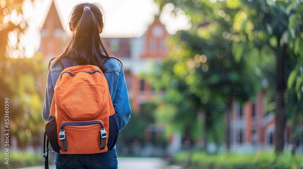 Student with backpack in front of University. Generative ai Student with backpack in front of University. Generative ai