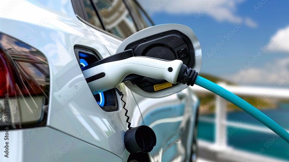 Electric car charging on the charge station. Zero emission car, eco friendly. Generative ai Electric car charging on the charge station. Zero emission car, eco friendly. Generative ai
