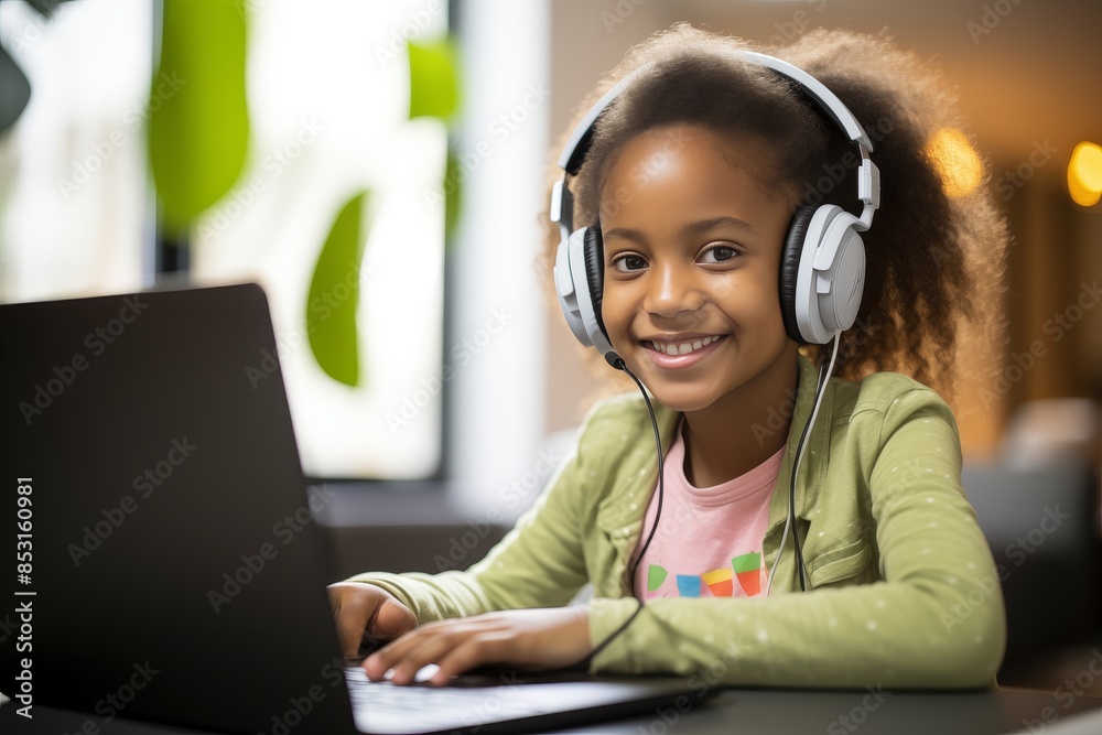 Young girl studying online, typing on laptop, watching webinar, doing homework at home Young girl studying online, typing on laptop, watching webinar, doing homework at home
