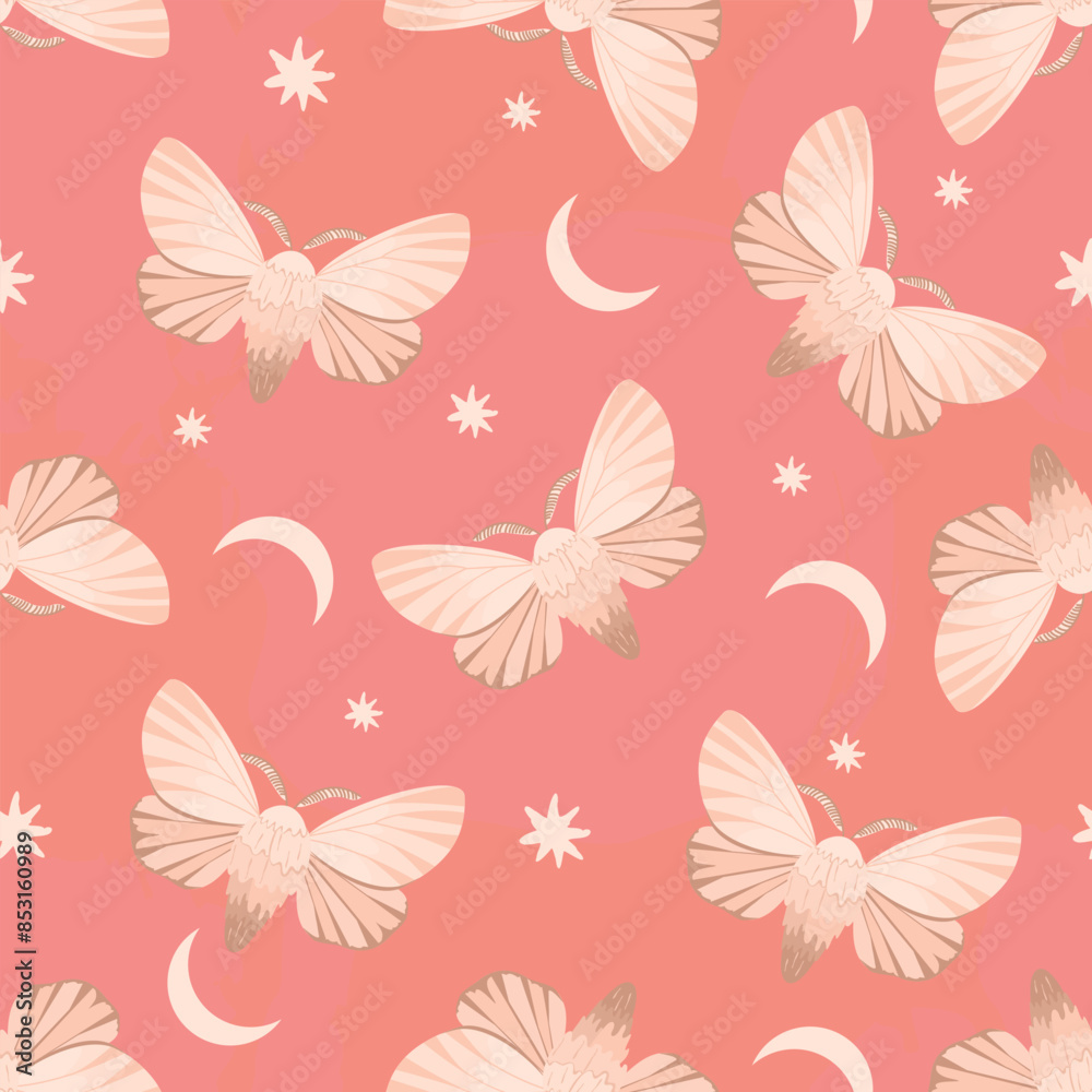 Cartoon seamless pattern with celestial moth,stars and moon.Grunge background with flying magic insect.Pink and beige colors.Boho print with mystic symbol and occult sign.Vector design for card.
Cartoon seamless pattern with celestial moth,stars and moon.Grunge background with flying magic insect.Pink and beige colors.Boho print with mystic symbol and occult sign.Vector design for card.