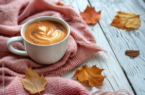 Warm Latte With Autumn Leaves and Blanket on White Wooden Table