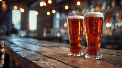 Two Glasses of Beer on Wooden Table