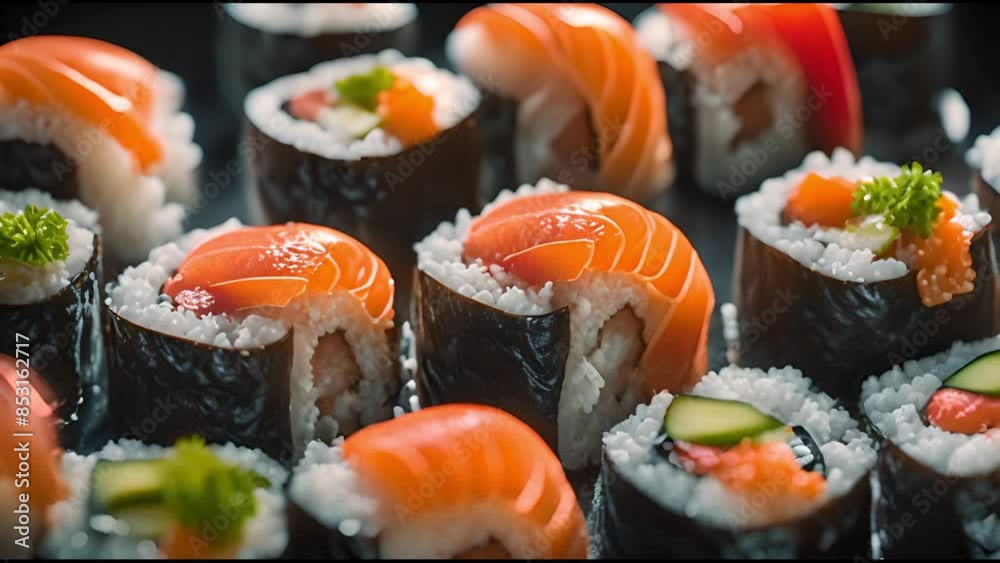 Sushi set and sushi rolls in a row with rice and salmon close up.