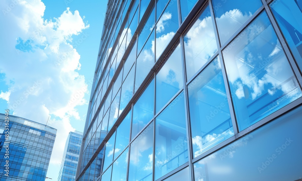 A modern office building with reflective windows against a vibrant blue sky with scattered clouds, capturing the essence of urban architecture and clear weather A modern office building with reflective windows against a vibrant blue sky with scattered clouds, capturing the essence of urban architecture and clear weather