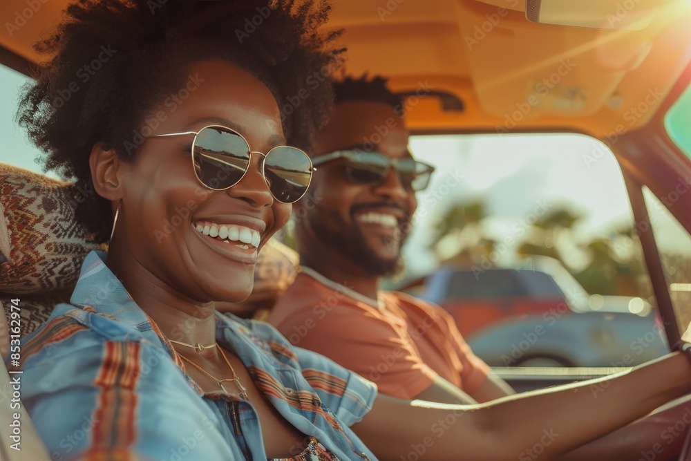 African american family on summer road trip, parents and daughter traveling in car African american family on summer road trip, parents and daughter traveling in car