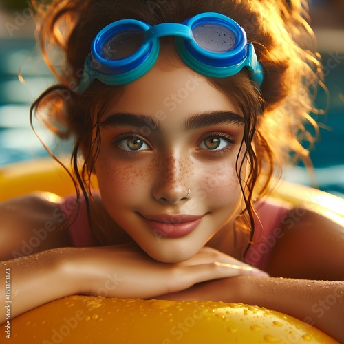 Girl with swimming glasses, swimming on an inflatable mattress on the sea photo