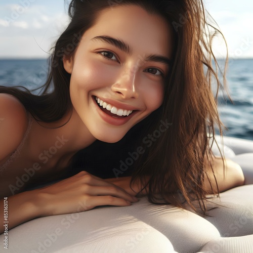 a woman lying on an inflatable mattress on the waves of the sea, with a smile on her face