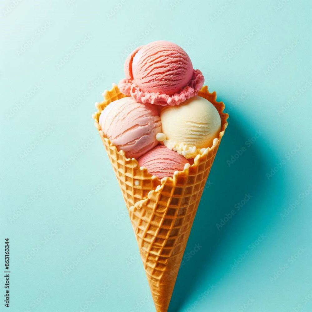 Ice cream in a waffle cone on a blue background Ice cream in a waffle cone on a blue background