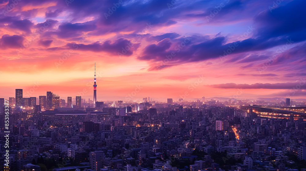 Fototapeta premium A city skyline with a beautiful sunset in the background