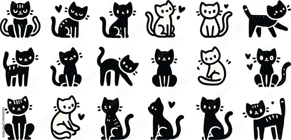 cat icon set cute kitten symbol set white and black illustration cat icon set cute kitten symbol set white and black illustration