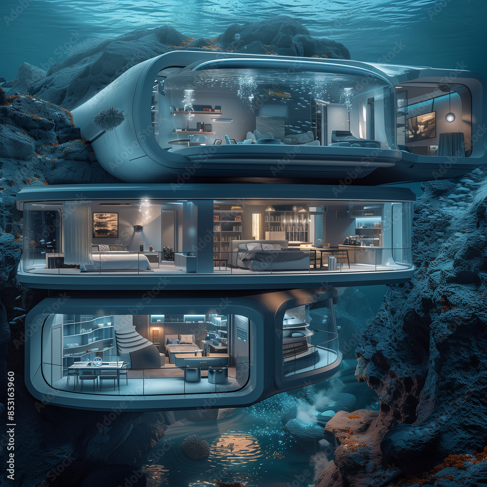 Obraz premium An architectural section of a futuristic underwater base, showing various rooms and furniture. In the front there is a large window with a view of the ocean depths. High-resolution photography, detail