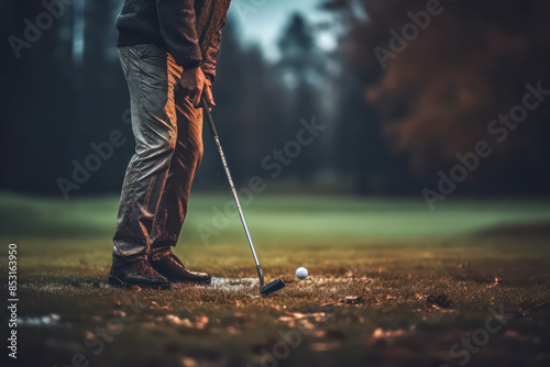 A man in a suit is standing on a golf course, holding a golf club and looking at the ground