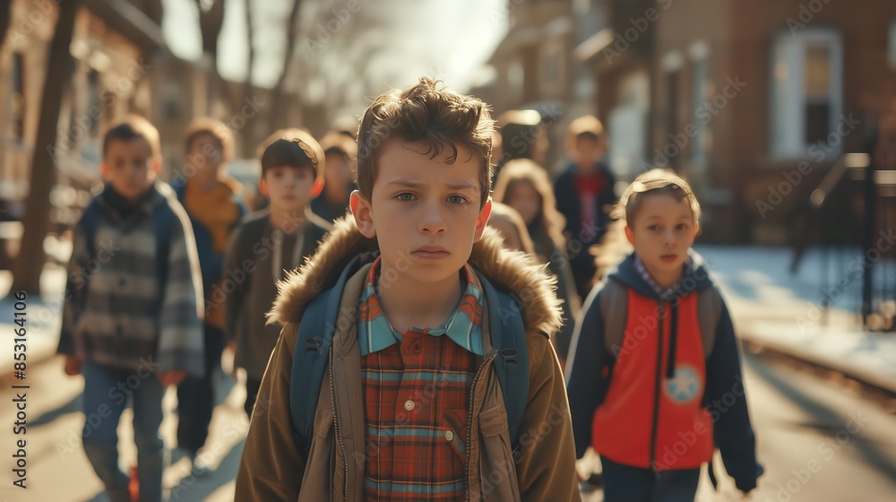 Group of children walking to school on a sunny day. A boy in the center, wearing a jacket and backpack, stands out from the rest in front of a brownstone building. Group of children walking to school on a sunny day. A boy in the center, wearing a jacket and backpack, stands out from the rest in front of a brownstone building.