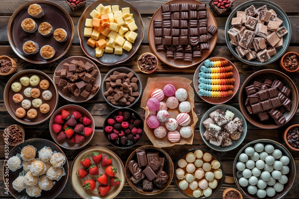 Wooden table full of food plates, top view Wooden table full of food plates, top view