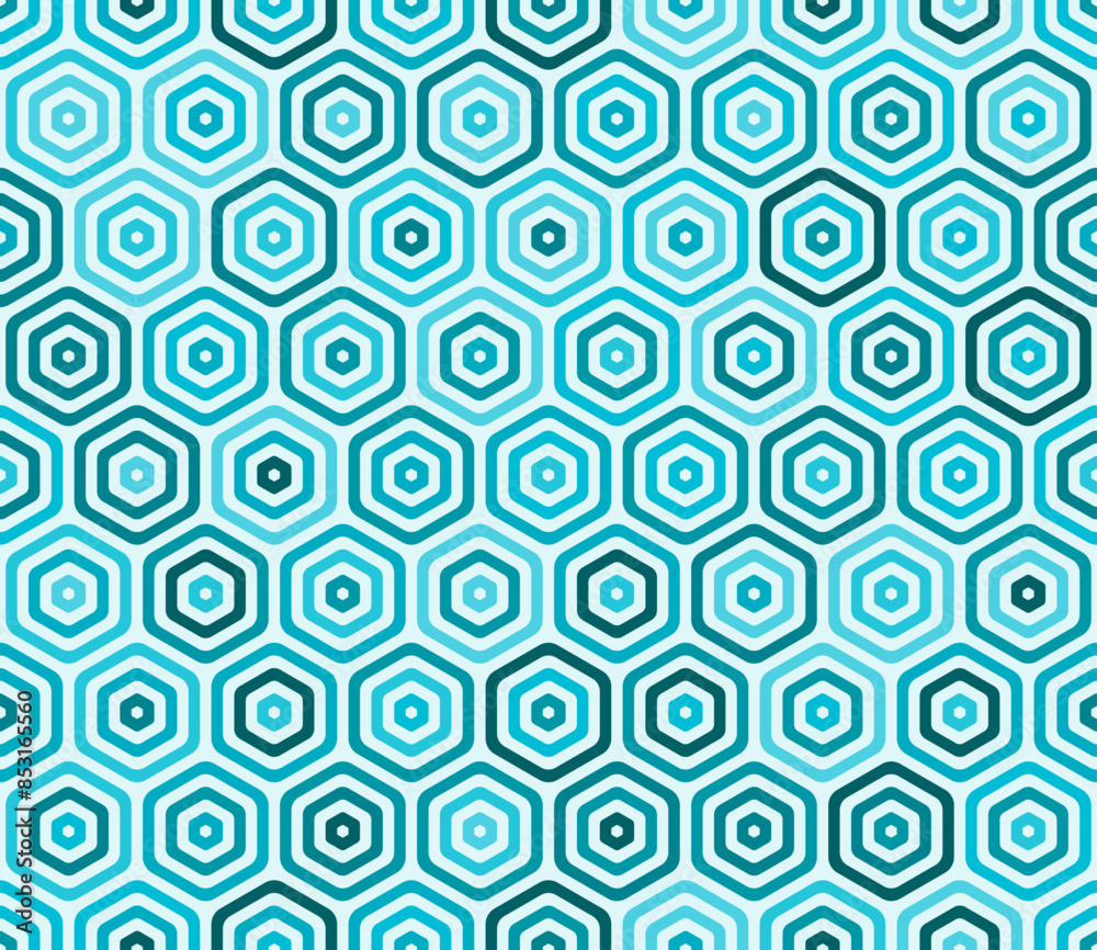 Seamless hexagon pattern with bold, rounded, stacked hexagon cells in cyan color tones. A tileable vector illustration. Seamless hexagon pattern with bold, rounded, stacked hexagon cells in cyan color tones. A tileable vector illustration.
