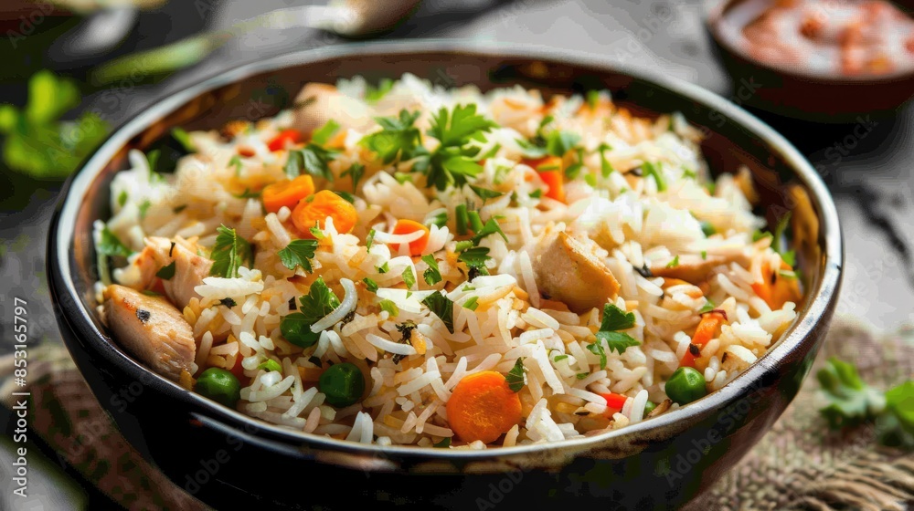 Mixed rice and vegetable dish with chicken meat Mixed rice and vegetable dish with chicken meat