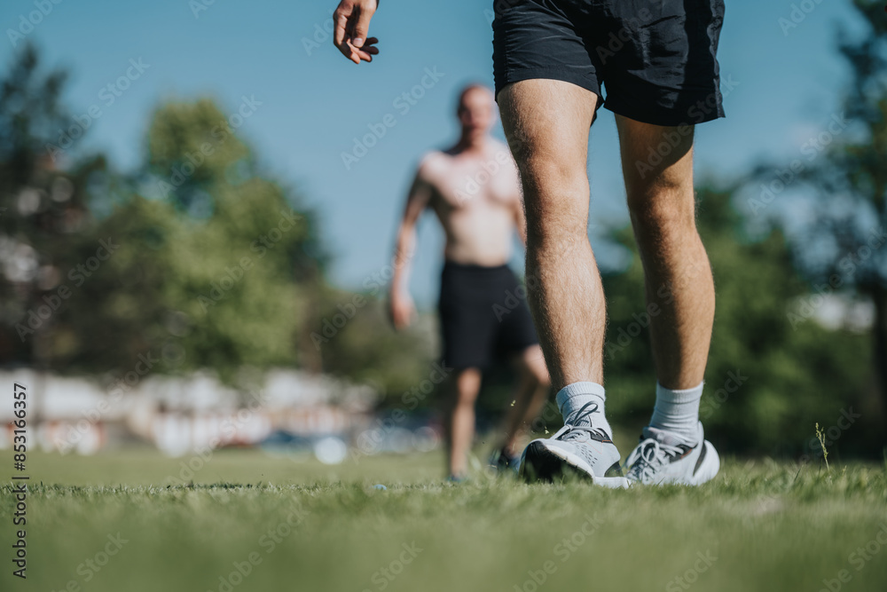 Fototapeta premium Men participating in outdoor sports in an urban park with lush green trees. Focused on jogging and fitness activities on a sunny day.