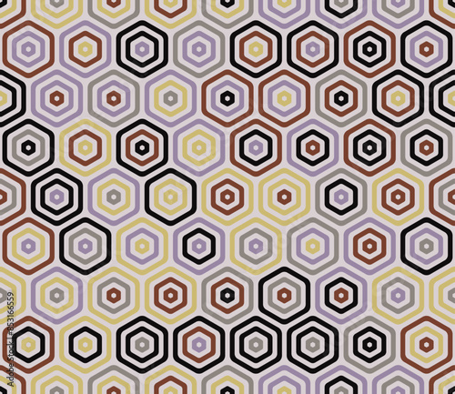 Tileable hexagon background. Bold rounded stacked hexagon cells. Hexagonal cells. Multiple tones color palette. Seamless pattern. Tileable vector illustration.