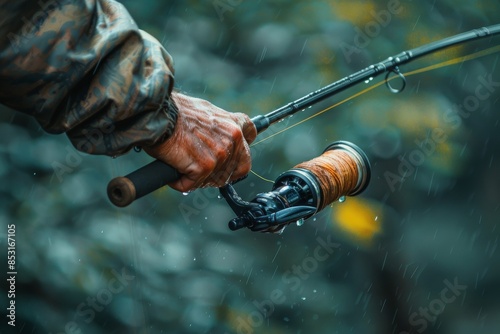 Fishermans Hand Holding a Fishing Rod in the Rain