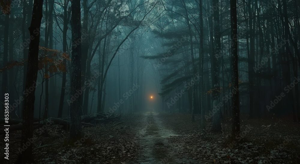 Naklejka premium A Misty Forest Path on a Gloomy Day