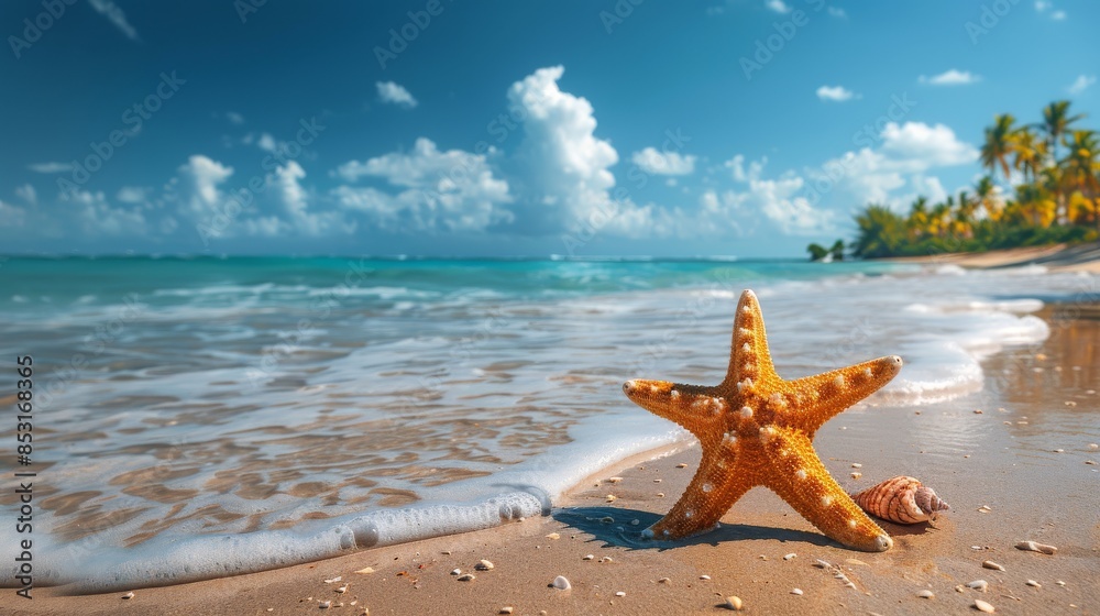 Starfish on Beach With Ocean Background Starfish on Beach With Ocean Background
