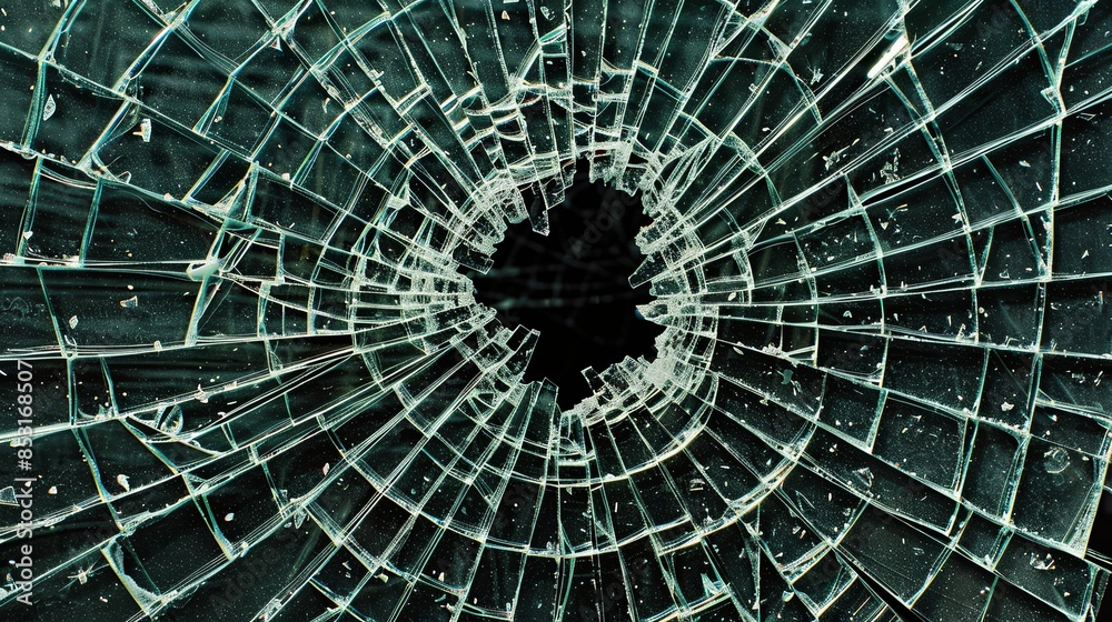Obraz premium Broken glass on a dark background. After the impact, the glass surface has cracks diverging from the point of impact or bullet hit. The concept of destruction, vulnerability and fragility of existence