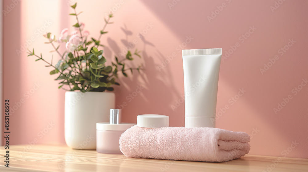 Elegant skincare product display in a serene, pink-themed setting featuring a tube and jar of cream, fresh towels, and lush green plants, symbolizing beauty, self-care, and relaxation. Generative AI