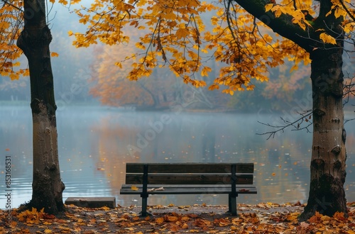 Empty Picnic Table By A Foggy Lake In Autumn