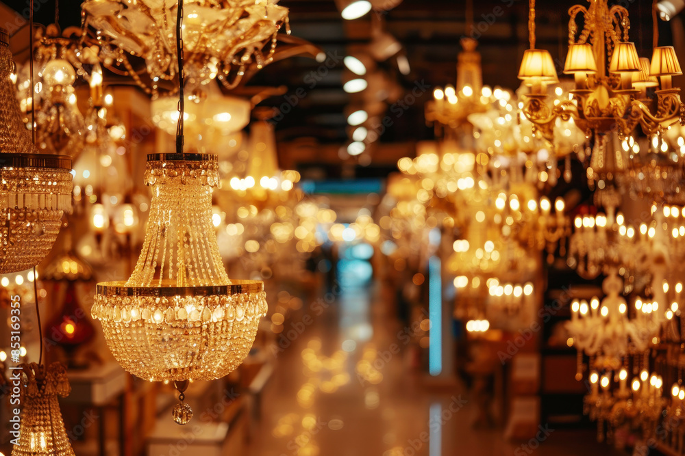 A luxurious chandelier store with many sparkling and elegant light fixtures. Chandeliers of various sizes and designs illuminate the interior, creating an atmosphere of luxury and elegance