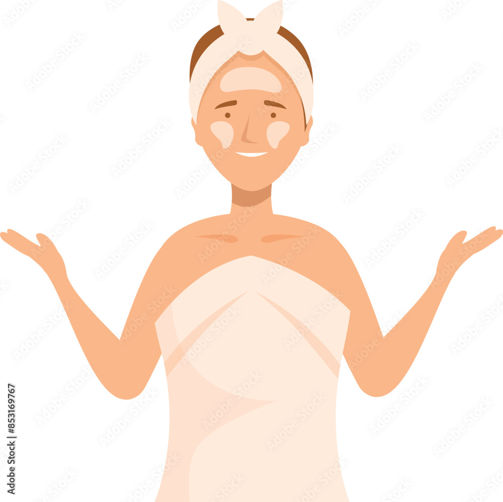 Smiling beautician wearing bath towel applying a face mask and showing something Smiling beautician wearing bath towel applying a face mask and showing something