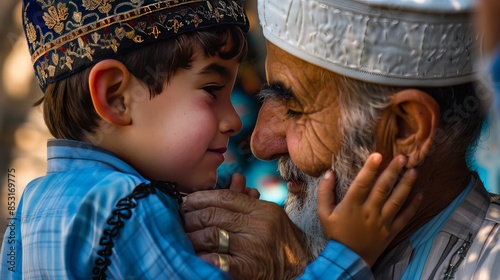 A young boy kisses his grandfather's hand during a Muslim holiday (Ramadan or Şeker Bayram). It's a way for the child to show respect and love for his grandfather, and to celebrate the special day. photo