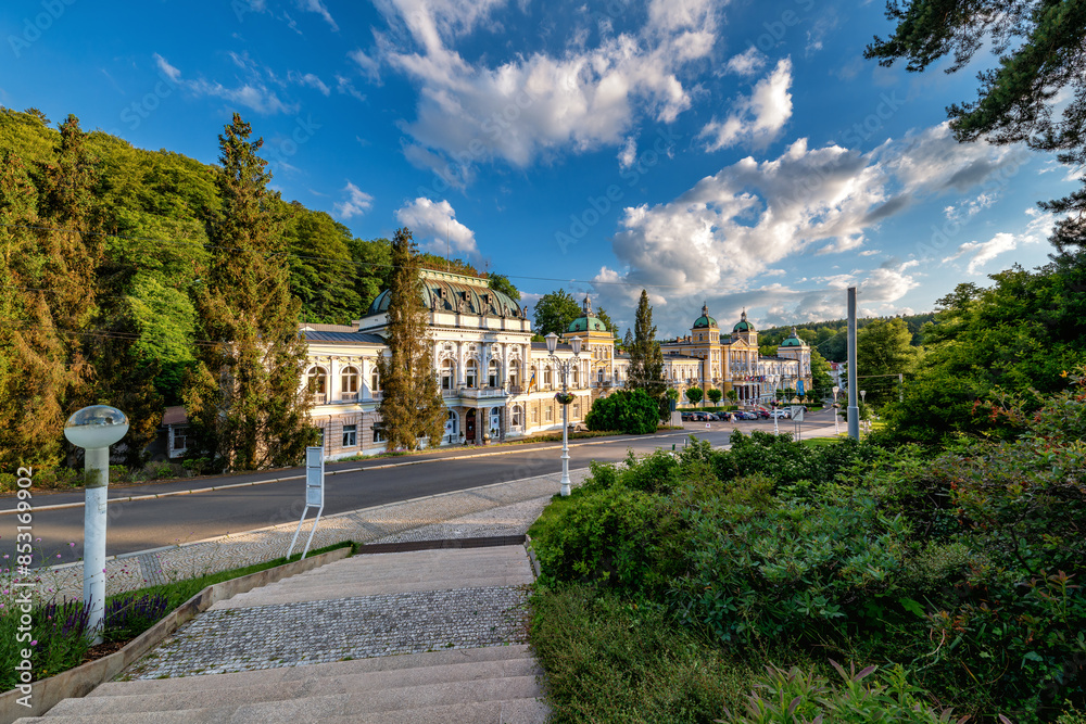 Colonnade view of Social (culture) house and hotel - center of small UNESCO spa town Marianske Lazne (Marienbad) - Czech Republic, Europe