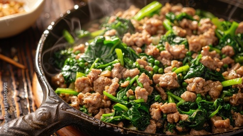 Minced meat and spinach mixed with bean paste photo