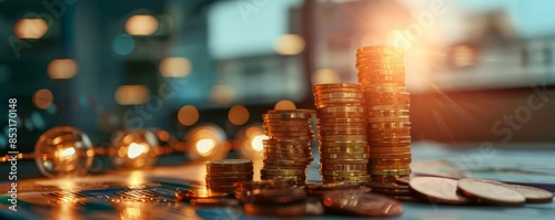 Stacks of coins with bokeh lights. Macro shot of piles of gold coins with blurred background lights