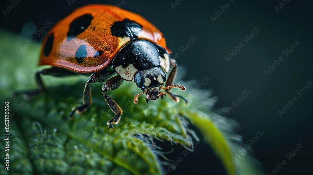 Fototapeta premium Small red-orange ladybug on a green leaf