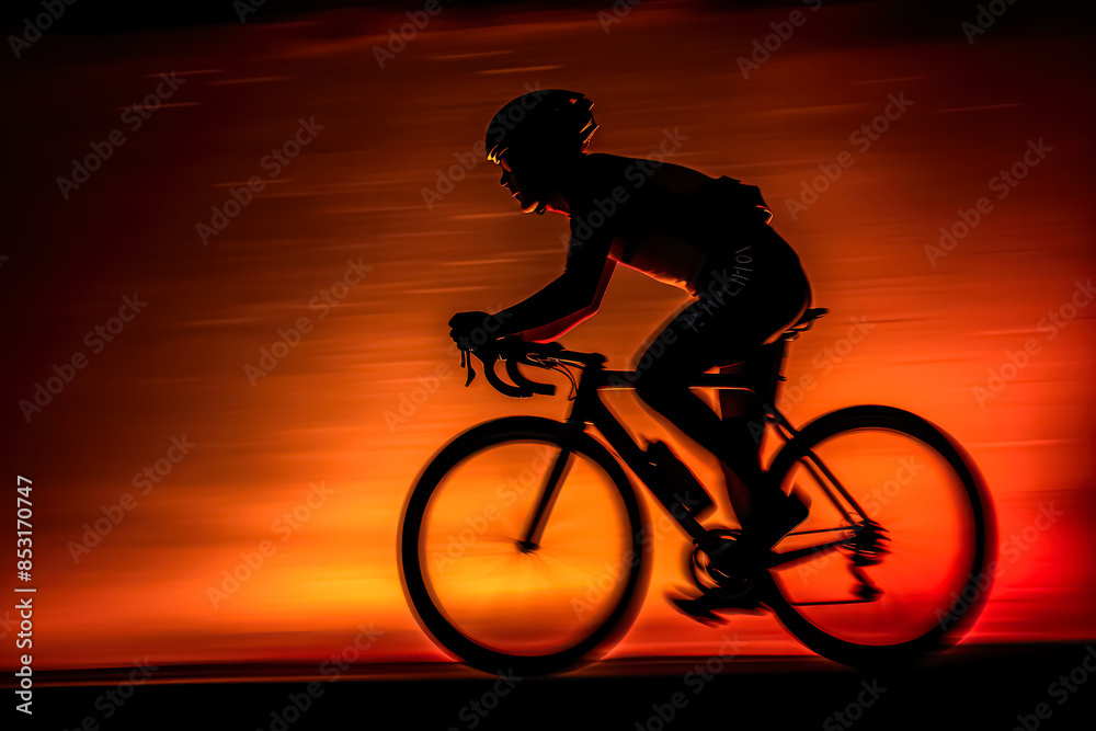 Fototapeta premium A man is riding a bicycle in the evening. The image has a moody and dramatic feel to it, with the silhouette of the man and the bike against the orange sky. The orange sky adds a sense of warmth