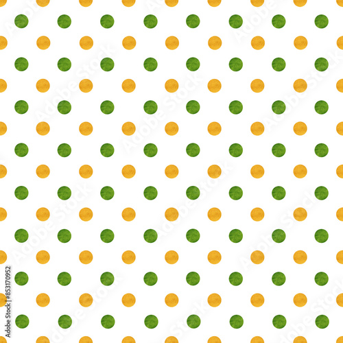 Abstract polka dot seamless pattern. Orange and green watercolor textured dots on white background. Colorful dotted pattern. Retro seamless pattern for textiles, wrapping paper, scrapbook, wallpaper.