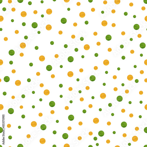 Abstract polka dot seamless pattern. Orange and green random watercolor textured dots on white background. Colorful dotted pattern. Retro seamless pattern for textiles, wrapping paper, scrapbook.
