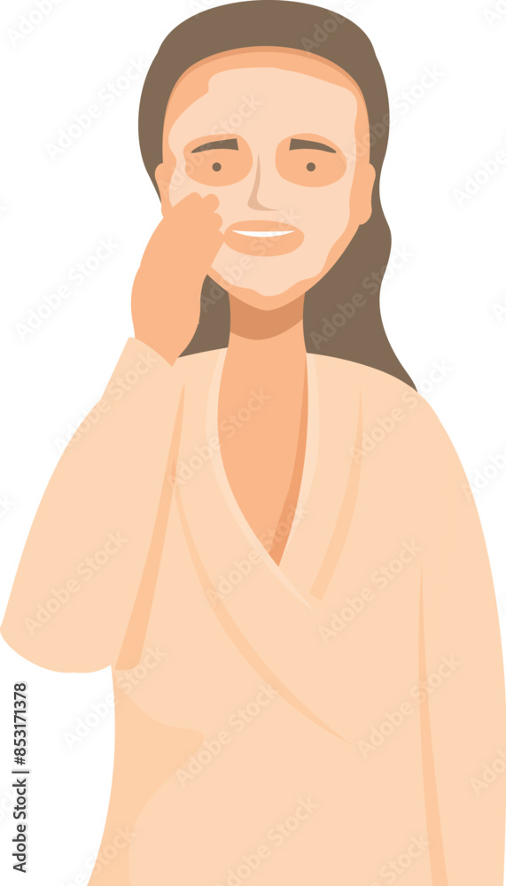 Woman is wearing a bathrobe and applying a cosmetic face mask
