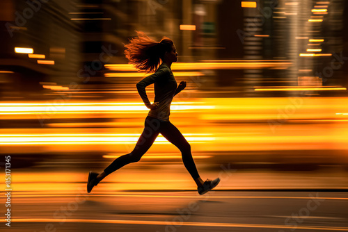 A woman runs in a city at sunset. The city is lit up with the sun setting in the background