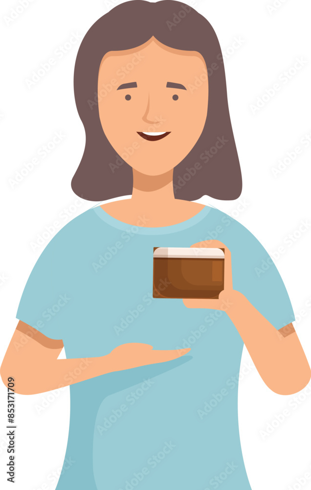 Smiling beautician is holding a jar of cosmetic cream and gesturing with her hand Smiling beautician is holding a jar of cosmetic cream and gesturing with her hand