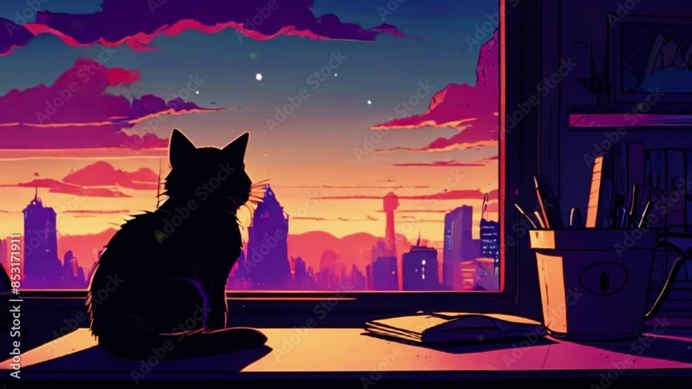 Cityscape sunset cozy desk with sleeping cat lo fi animated cartoon background. Workplace table kitten sleepy 90s retro lofi aesthetic live wallpaper animation. Hygge chill 4K video motion graphic, Cy