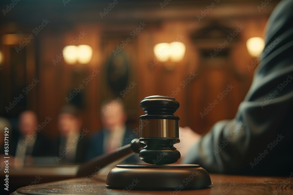 Gavel on a courtroom desk with blurred people in the background. Conceptual image of legal proceedings and justice. Suitable for law-related content and legal blogs. Generative AI Gavel on a courtroom desk with blurred people in the background. Conceptual image of legal proceedings and justice. Suitable for law-related content and legal blogs. Generative AI