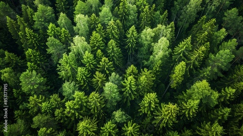 Birds-eye view of lush green trees in a Finnish forest taken from a drone. photo