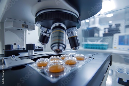 Close-up of microscope analyzing cell samples