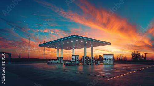Car station for hydrogen fuel with beautiful sunset sky in the background. photo