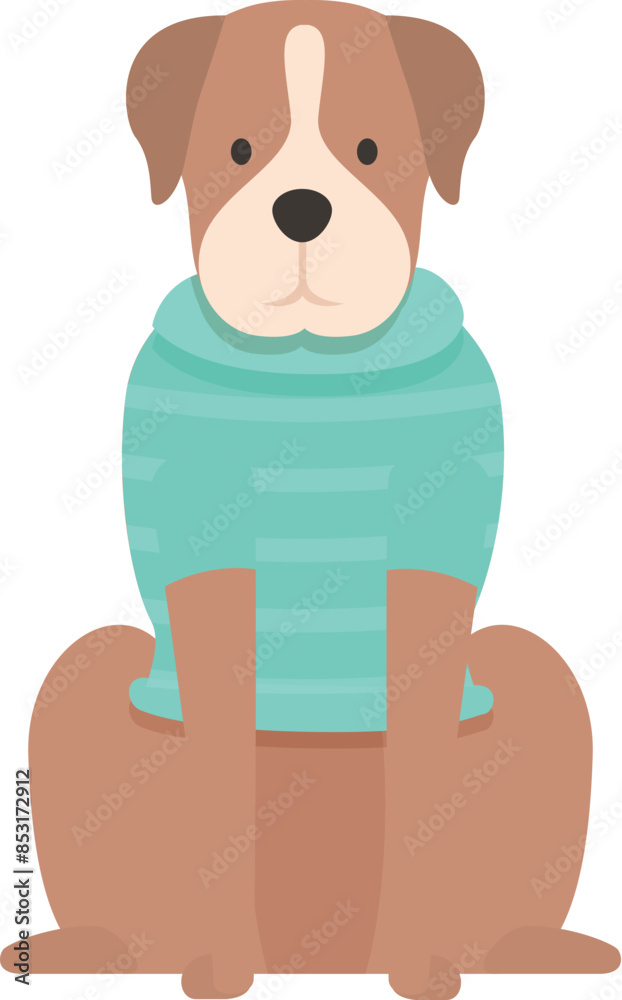 Cute cartoon boxer dog is sitting down while wearing a green striped sweater Cute cartoon boxer dog is sitting down while wearing a green striped sweater